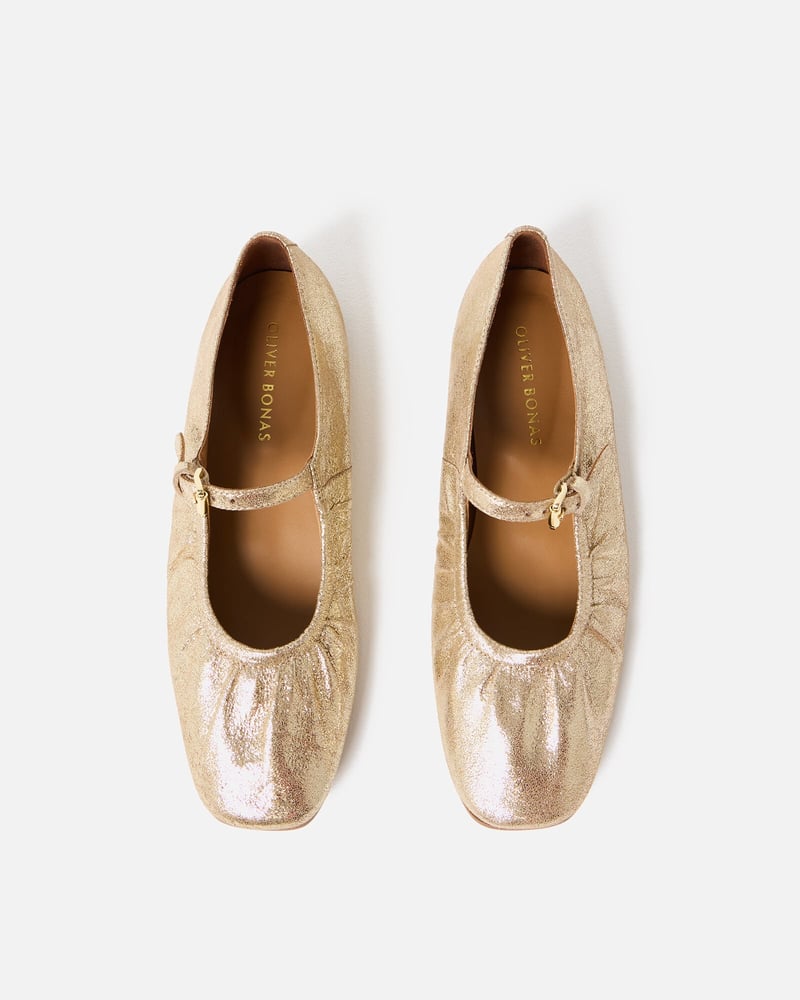 Mary Jane Gathered Gold Leather Shoes