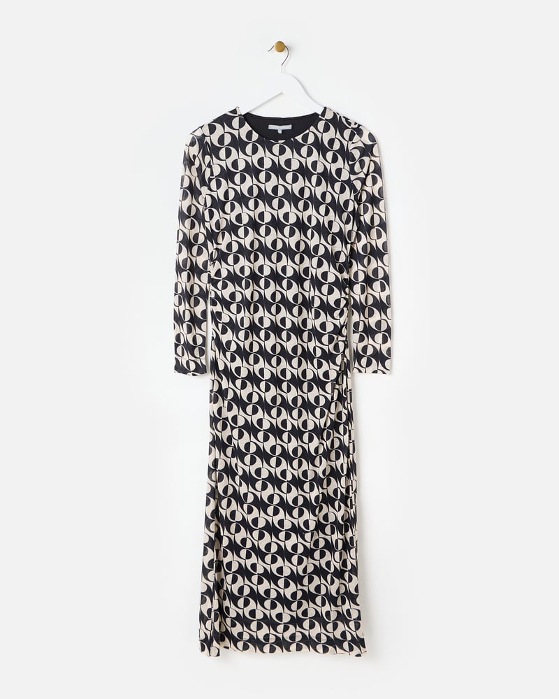 Abstract Print Monochrome Mesh Midi Dress