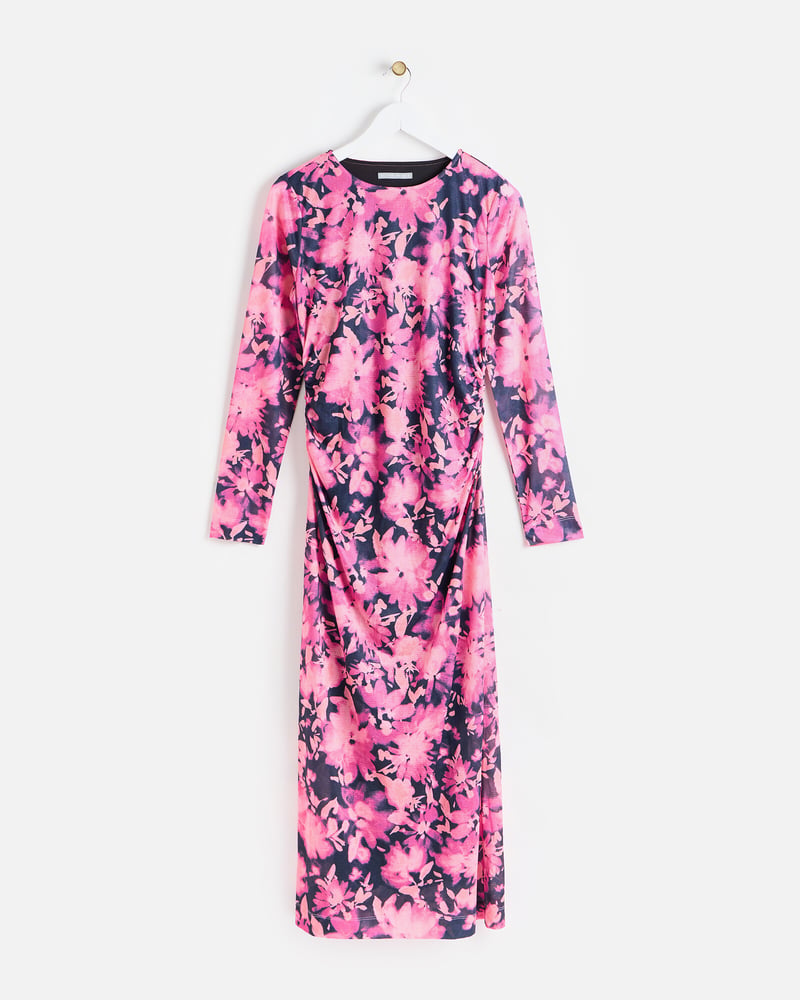 Floral Print Pink Ruched Midi Dress