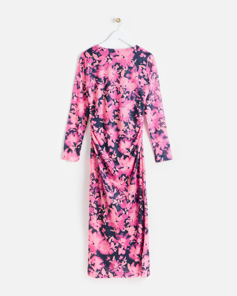 Floral Print Pink Ruched Midi Dress