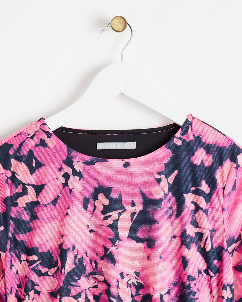 Floral Print Pink Ruched Midi Dress