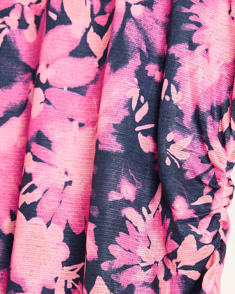 Floral Print Pink Ruched Midi Dress