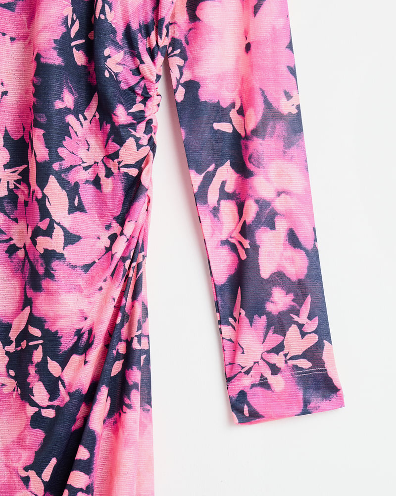 Floral Print Pink Ruched Midi Dress