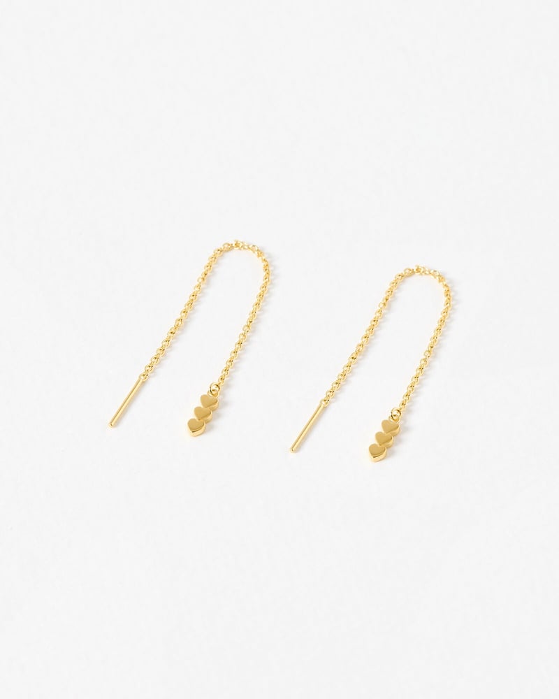 Triple Heart Gold Plated Thread Through Chain Earrings
