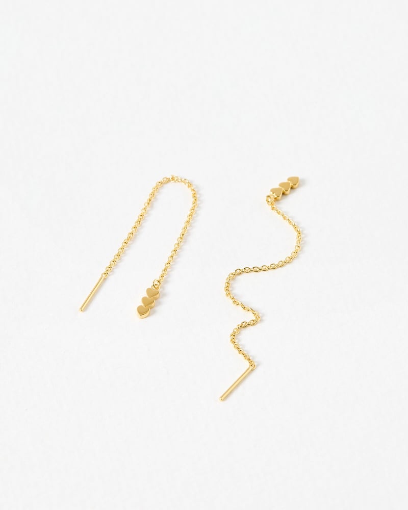 Triple Heart Gold Plated Thread Through Chain Earrings
