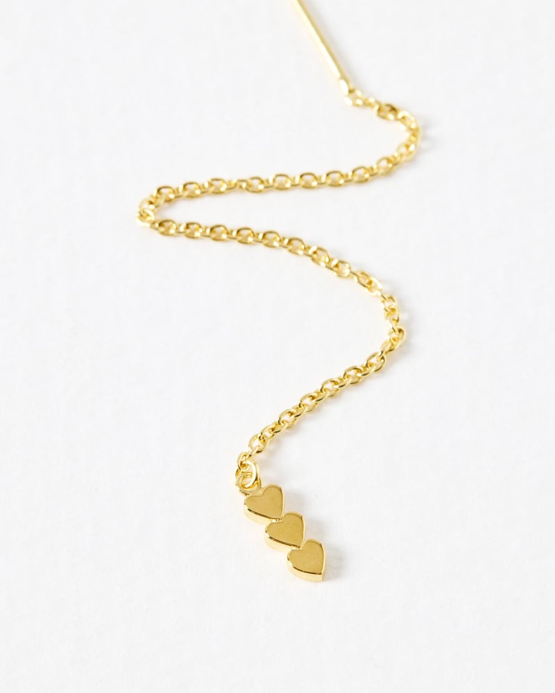 Triple Heart Gold Plated Thread Through Chain Earrings