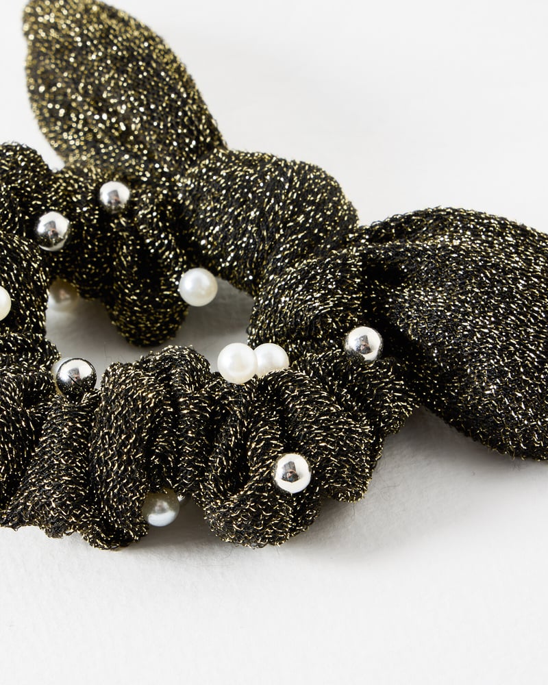 Emmy Gold Glitter & Faux Pearl Bow Hair Scrunchie