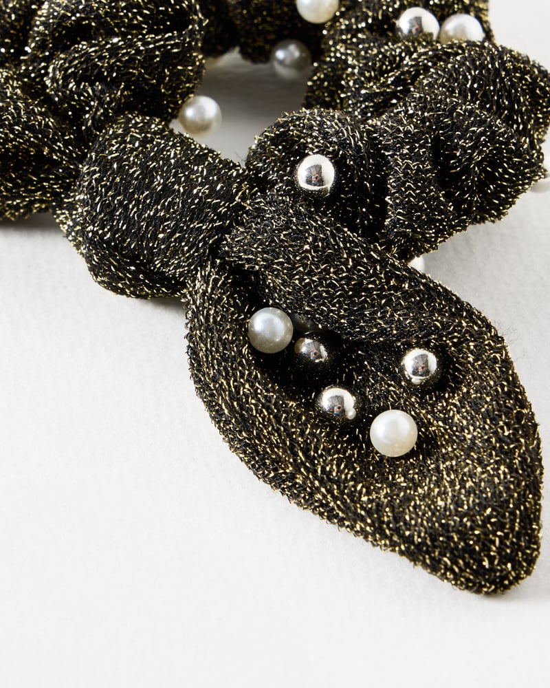 Emmy Gold Glitter & Faux Pearl Bow Hair Scrunchie