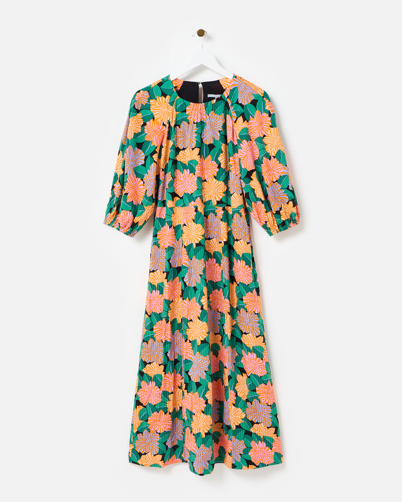 Orange & Green Garden Floral Midi Dress