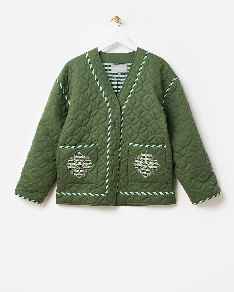 Dark Green Checked Patchwork Quilted Jacket