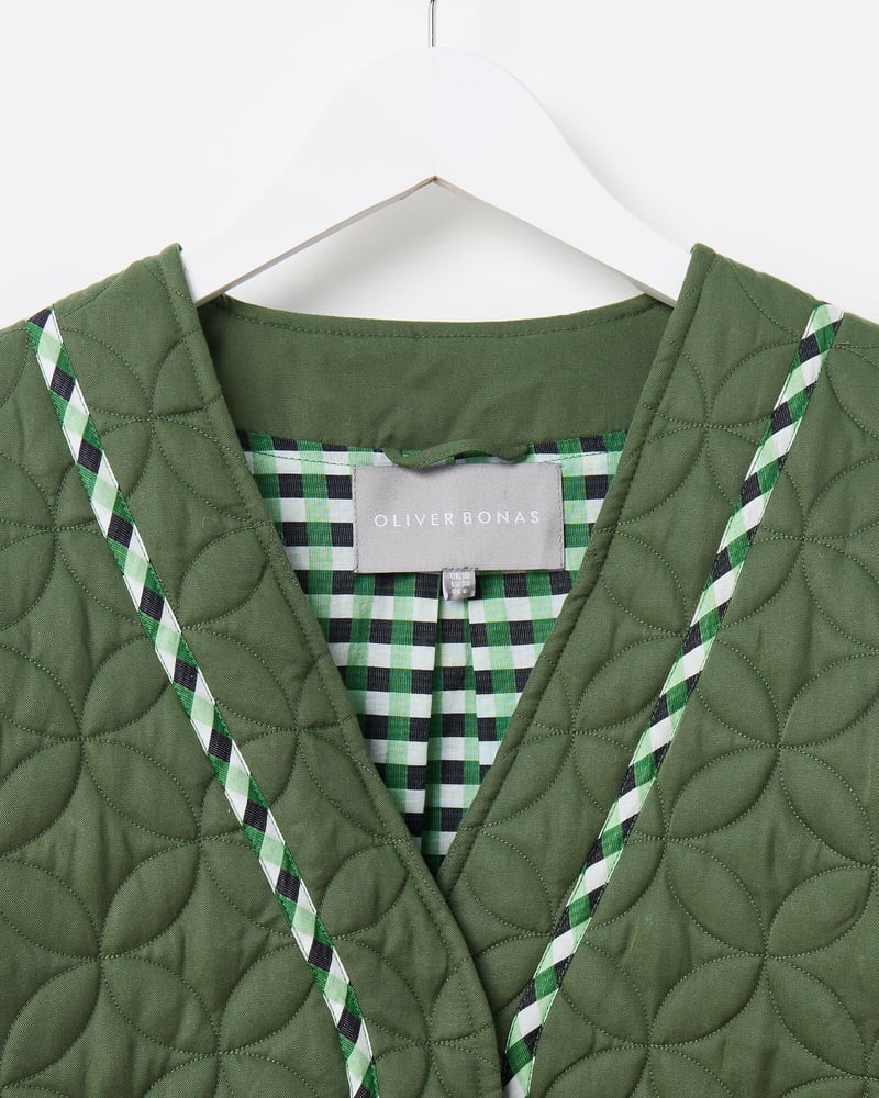 Dark Green Checked Patchwork Quilted Jacket