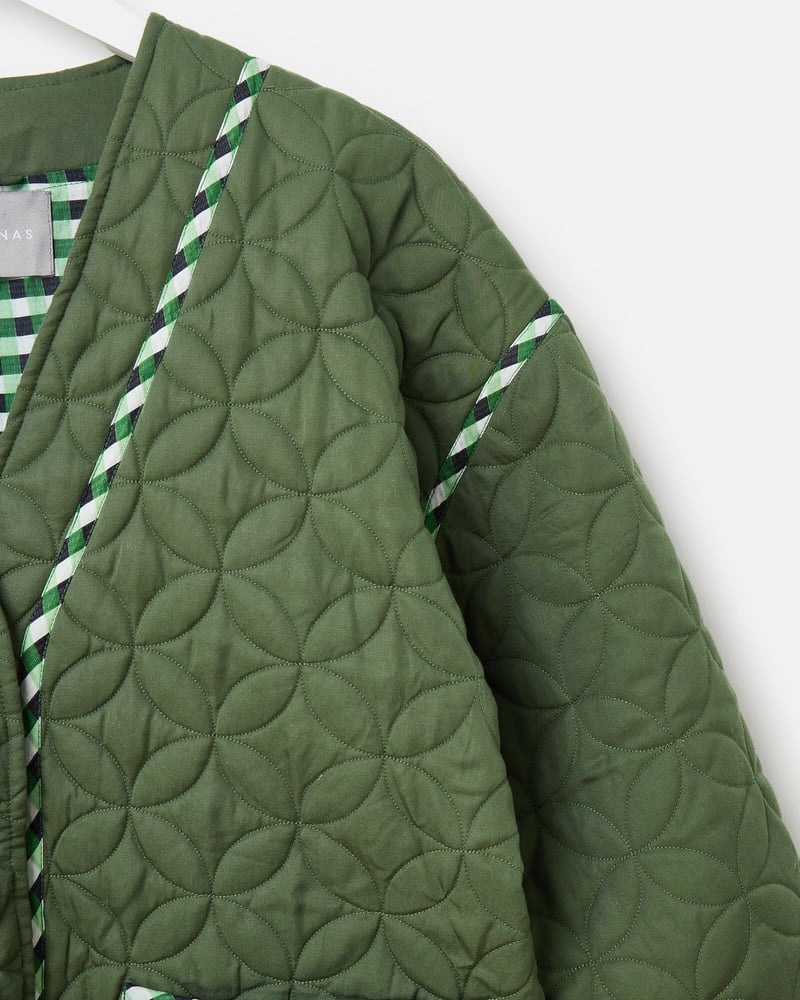 Dark Green Checked Patchwork Quilted Jacket