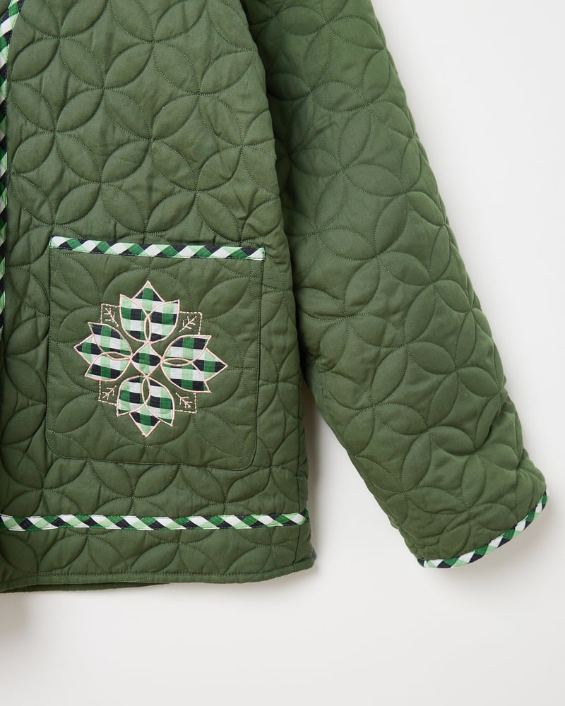 Dark Green Checked Patchwork Quilted Jacket