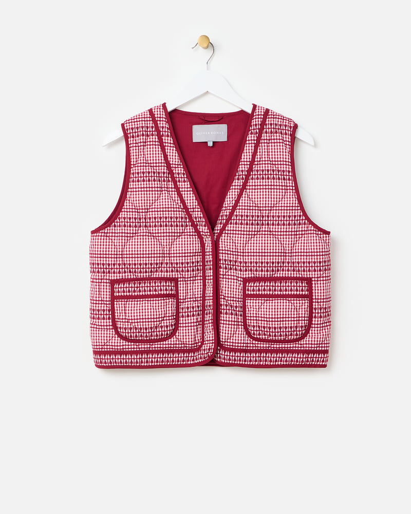Burgundy & White Gingham Embroidered Quilted Gilet