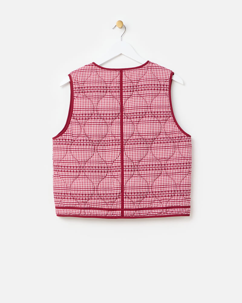 Burgundy & White Gingham Embroidered Quilted Gilet