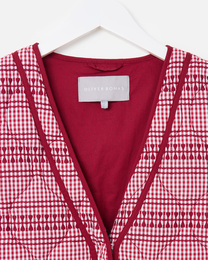 Burgundy & White Gingham Embroidered Quilted Gilet