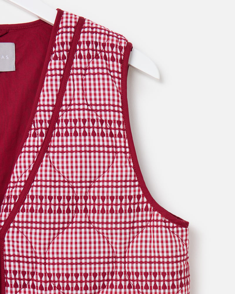Burgundy & White Gingham Embroidered Quilted Gilet