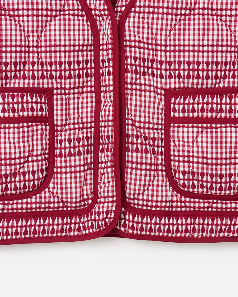 Burgundy & White Gingham Embroidered Quilted Gilet