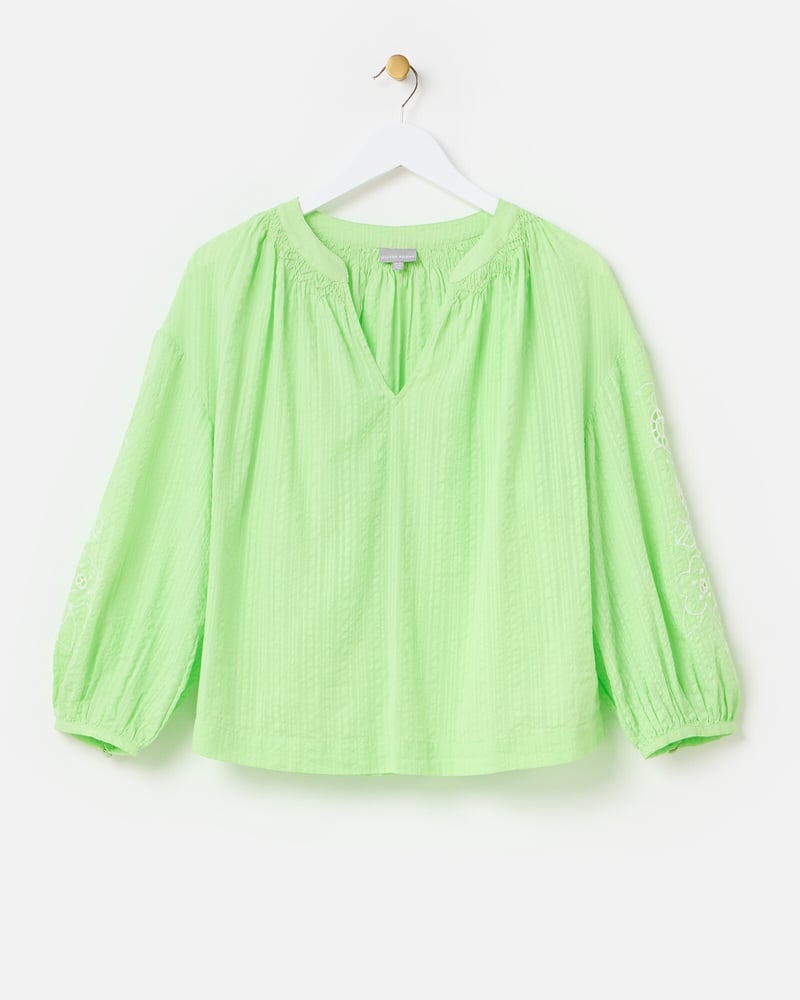Green Embroidered Floral Sleeve V-Neck Blouse