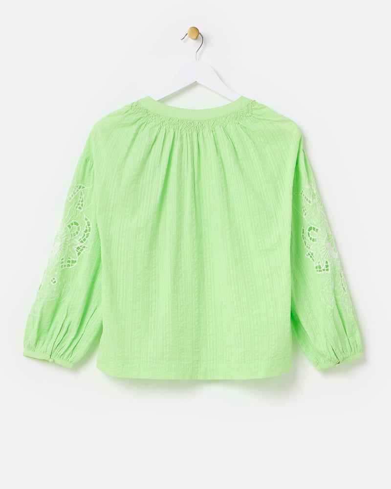 Green Embroidered Floral Sleeve V-Neck Blouse