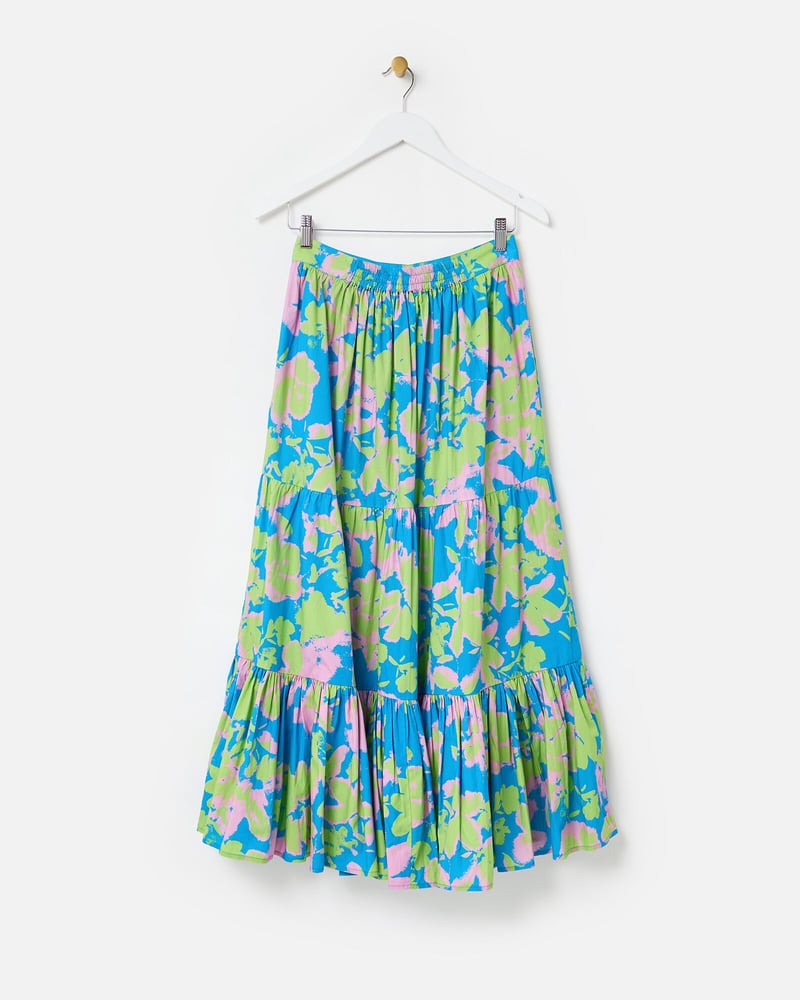 Blue & Green Luminous Floral Tiered Midi Skirt