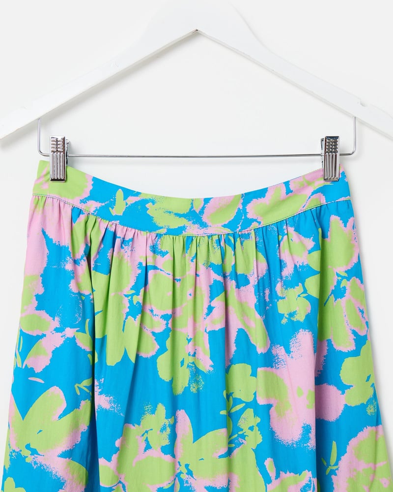 Blue & Green Luminous Floral Tiered Midi Skirt
