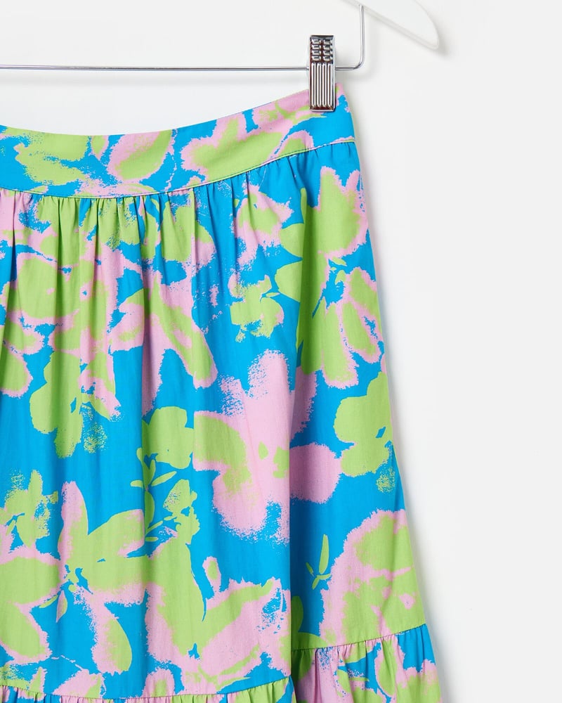 Blue & Green Luminous Floral Tiered Midi Skirt