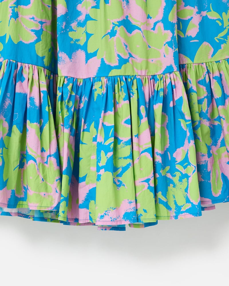 Blue & Green Luminous Floral Tiered Midi Skirt