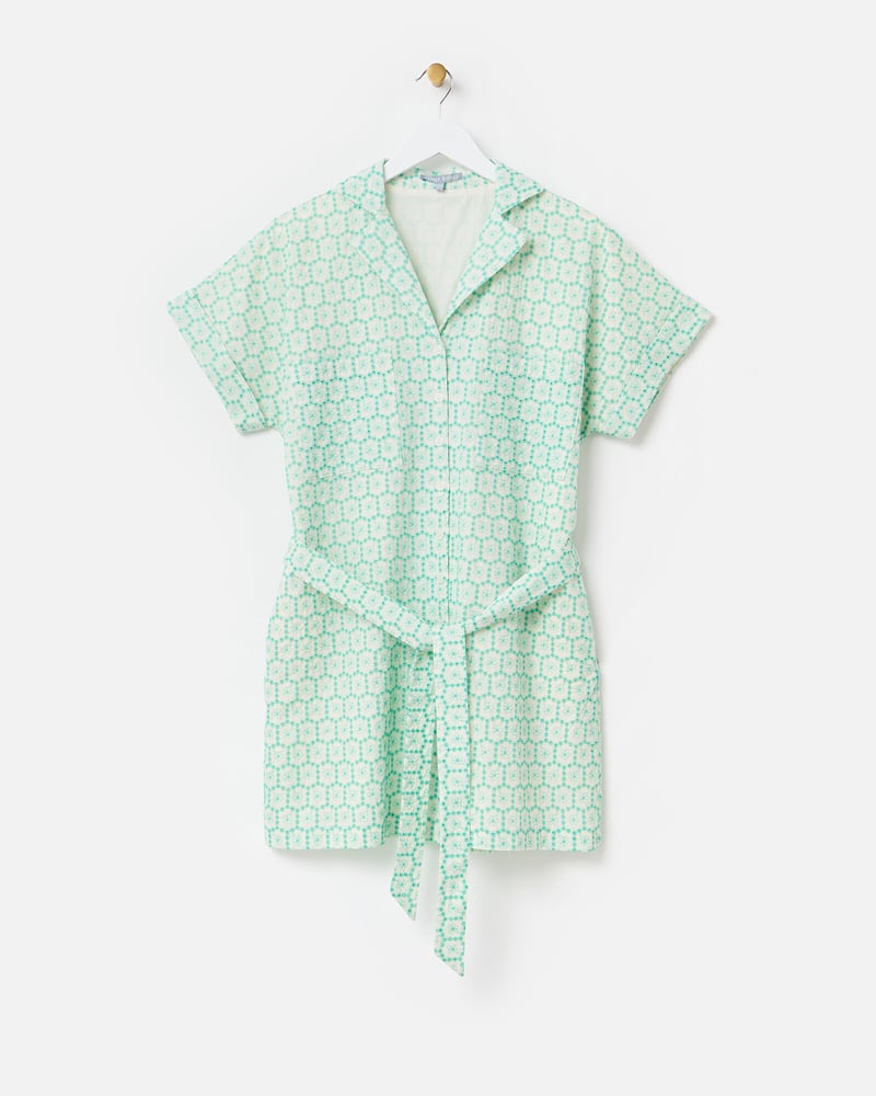 Cream & Green Floral Broderie Mini Shirt Dress