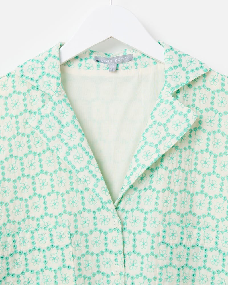 Cream & Green Floral Broderie Mini Shirt Dress