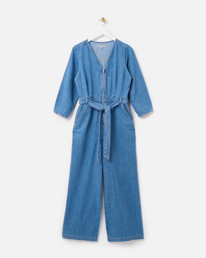 Blue Denim Striped Zip Up Jumpsuit