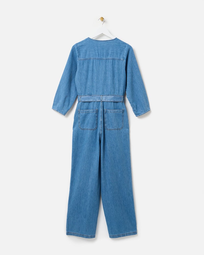 Blue Denim Striped Zip Up Jumpsuit