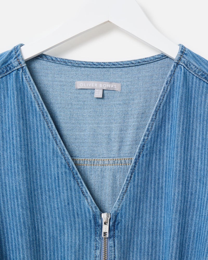 Blue Denim Striped Zip Up Jumpsuit