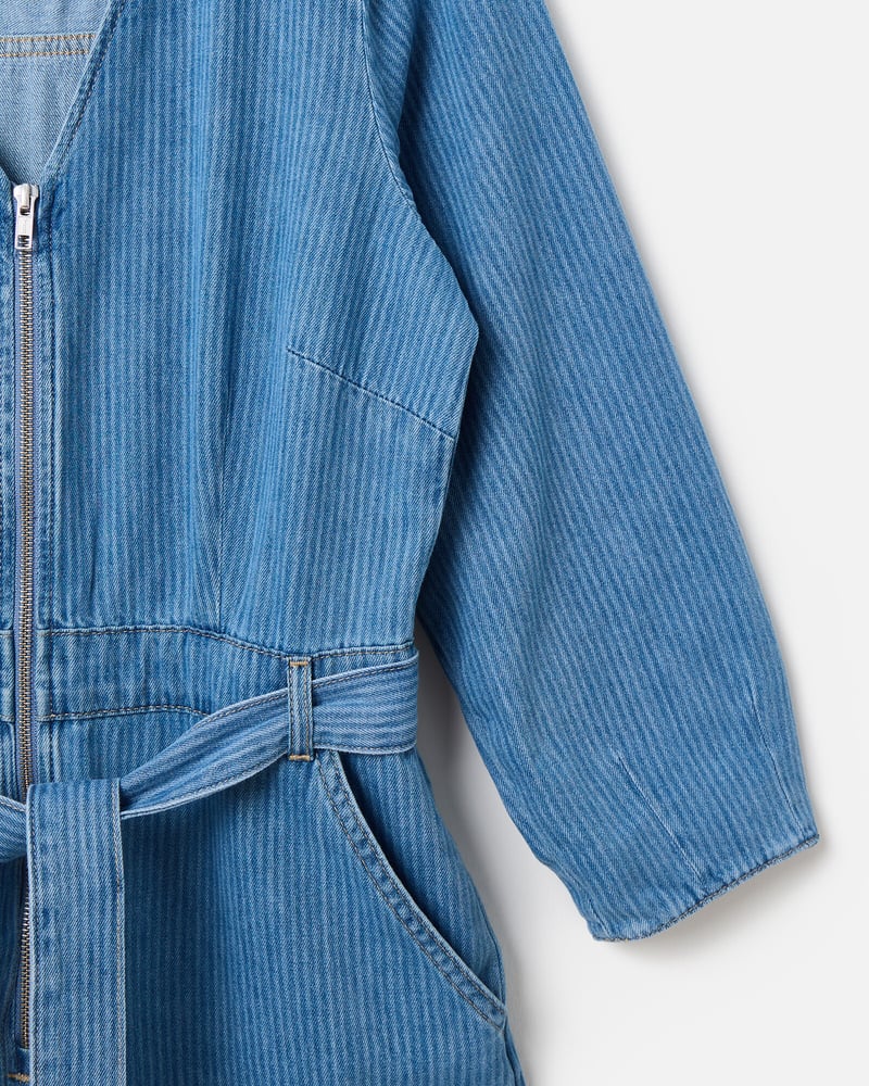 Blue Denim Striped Zip Up Jumpsuit