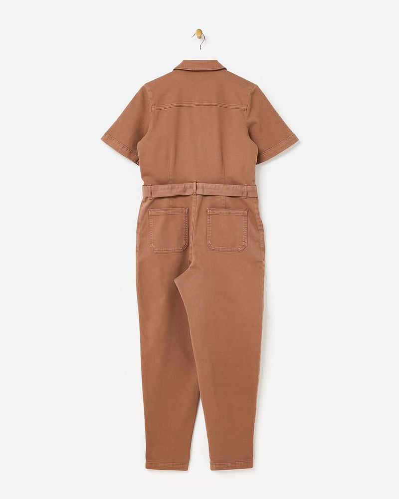 Mocha Brown Denim Button Up Tie Waist Jumpsuit
