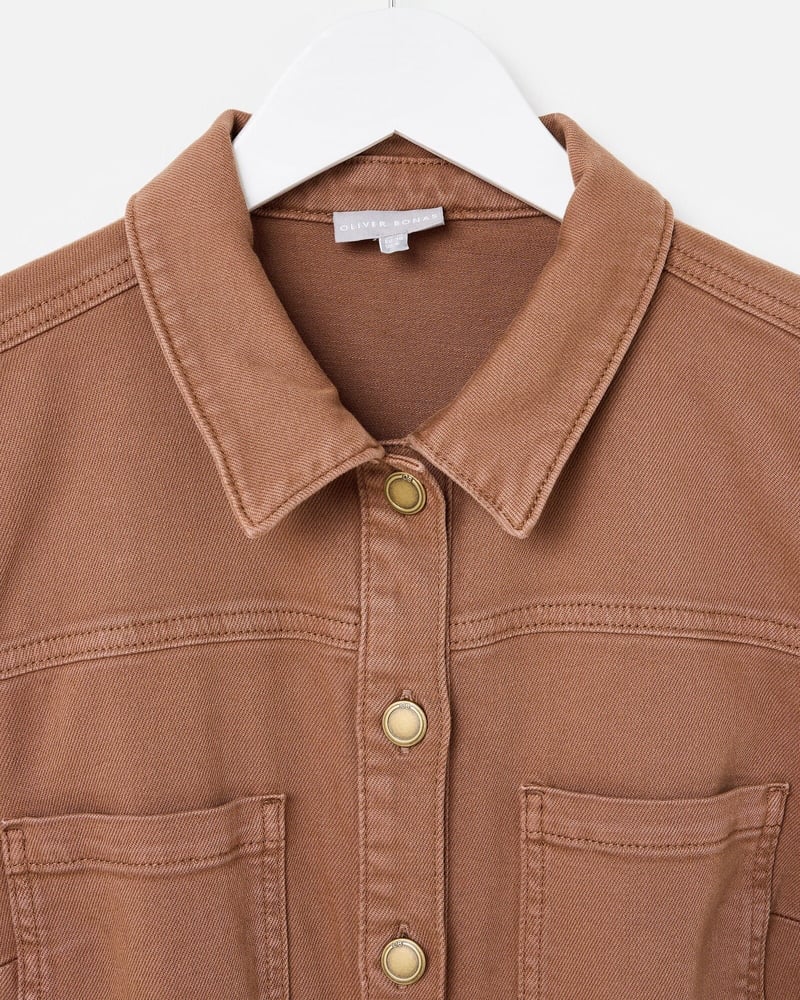 Mocha Brown Denim Button Up Tie Waist Jumpsuit
