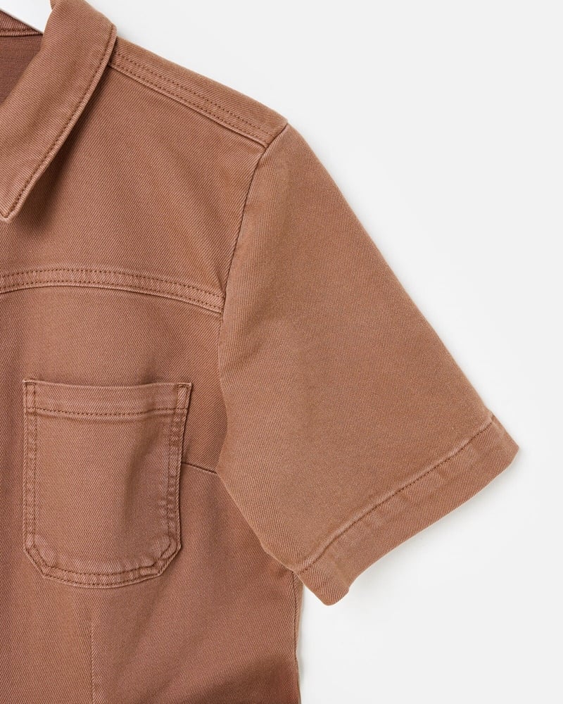 Mocha Brown Denim Button Up Tie Waist Jumpsuit