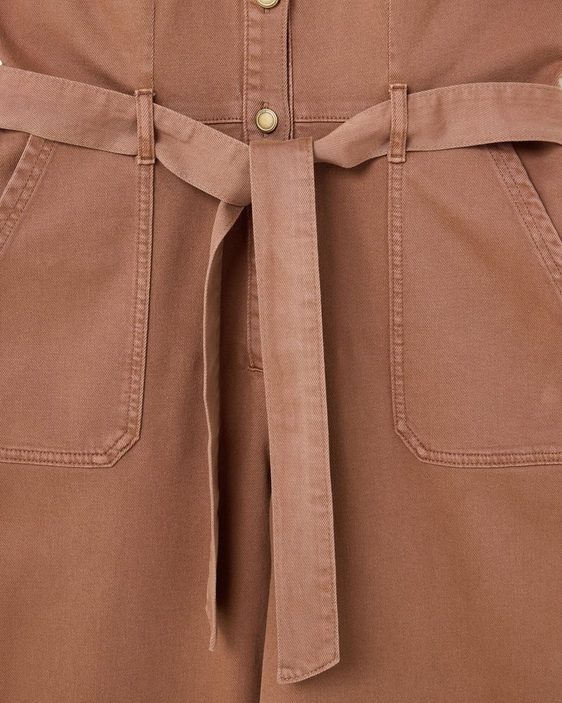 Mocha Brown Denim Button Up Tie Waist Jumpsuit