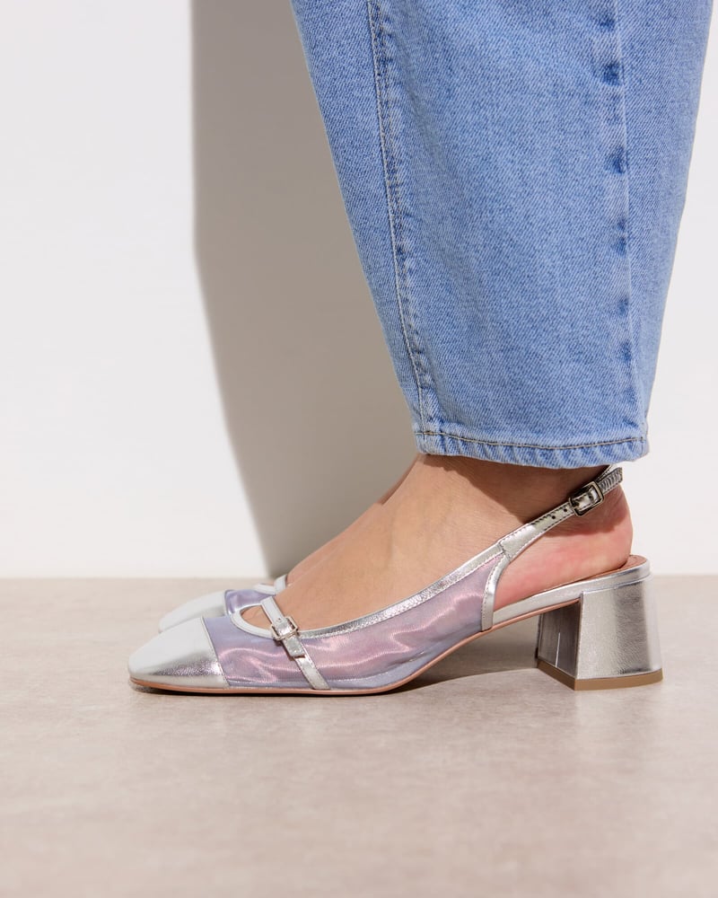 Bibi Lou Mesh Silver Leather Heeled Slingbacks