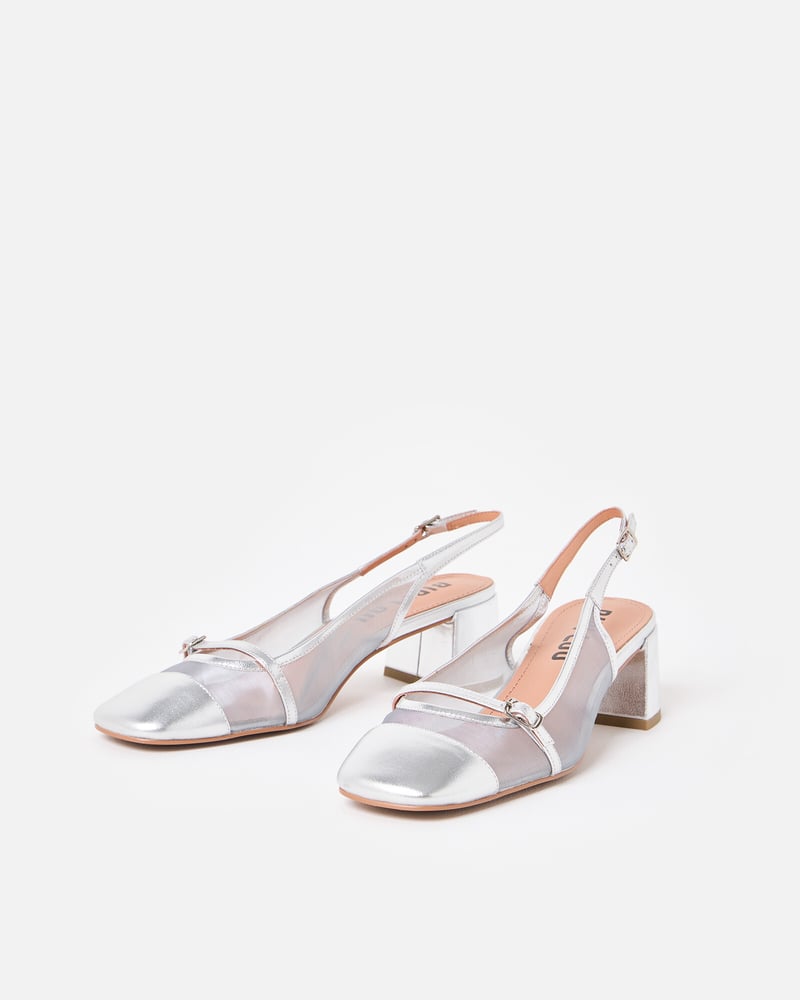 Bibi Lou Mesh Silver Leather Heeled Slingbacks