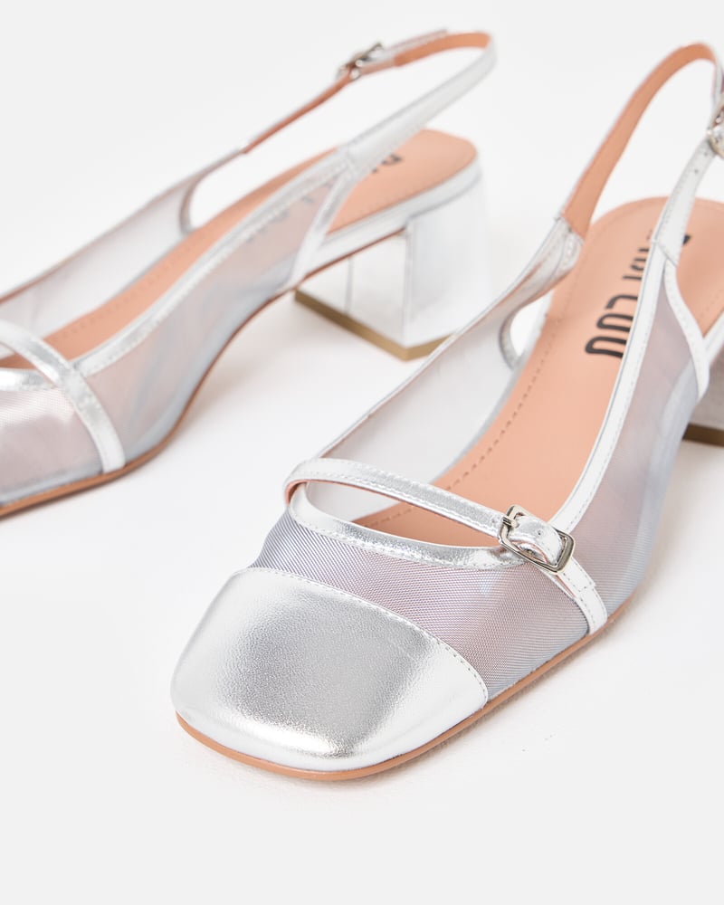 Bibi Lou Mesh Silver Leather Heeled Slingbacks