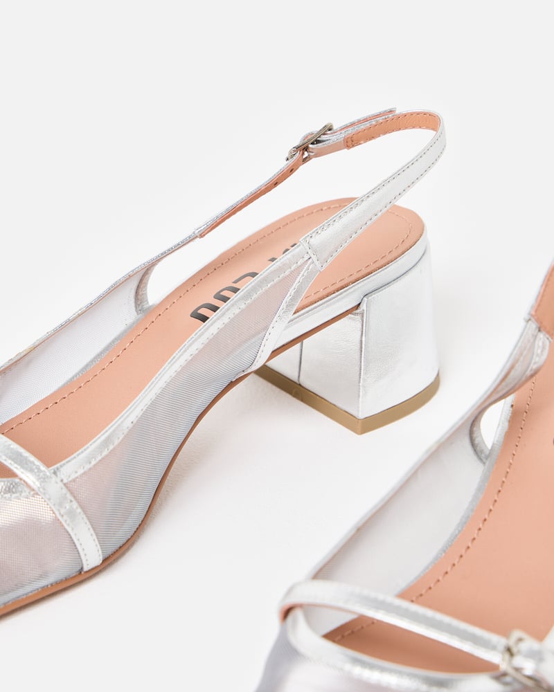 Bibi Lou Mesh Silver Leather Heeled Slingbacks