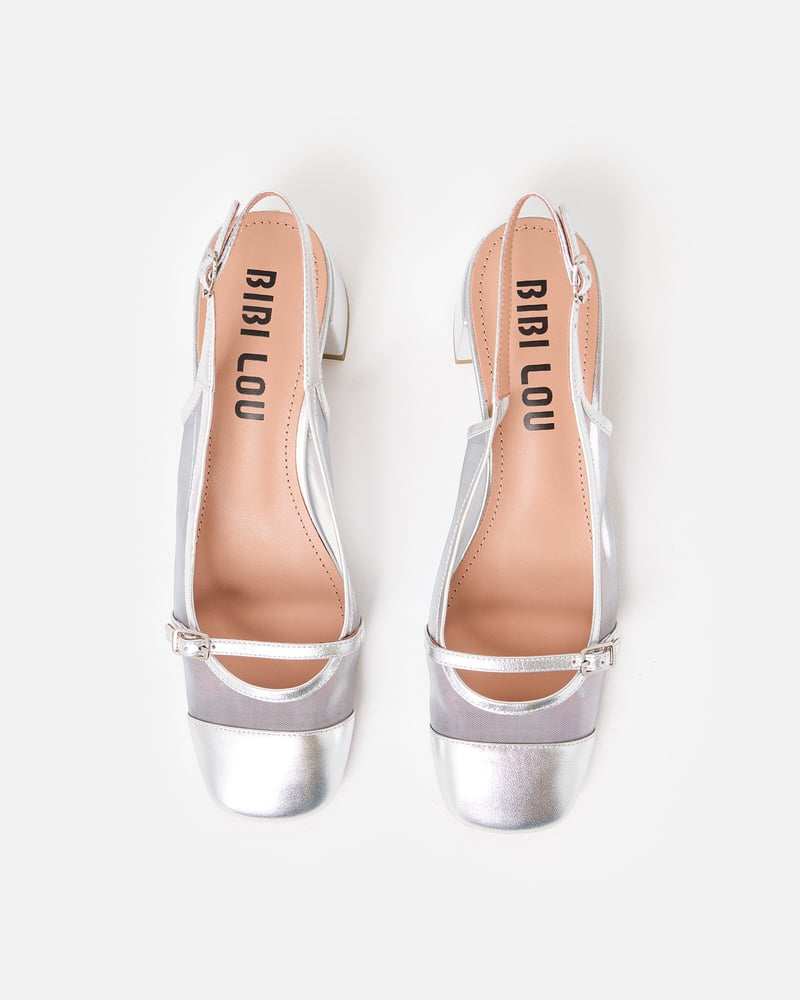 Bibi Lou Mesh Silver Leather Heeled Slingbacks