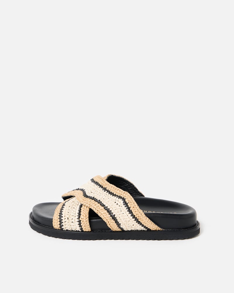 Black & Cream Raffia Crossover Chunky Sliders