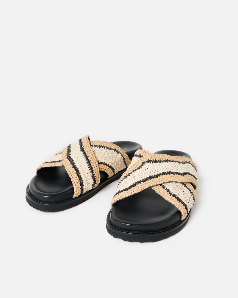 Black & Cream Raffia Crossover Chunky Sliders