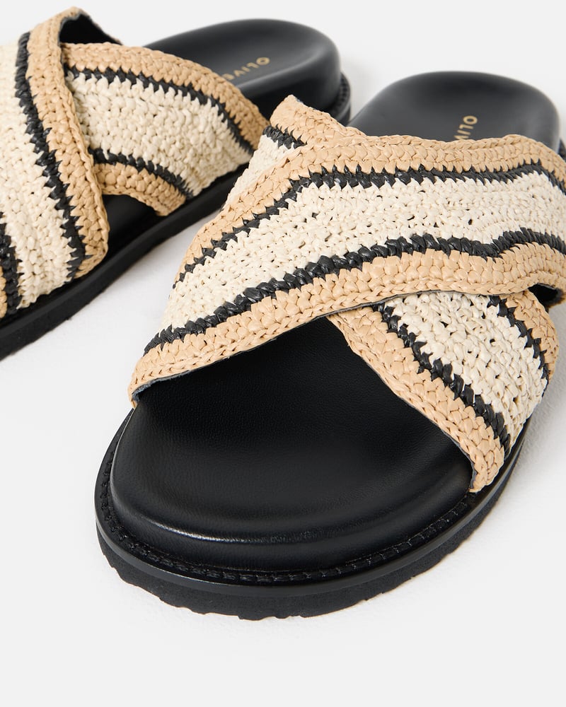 Black & Cream Raffia Crossover Chunky Sliders