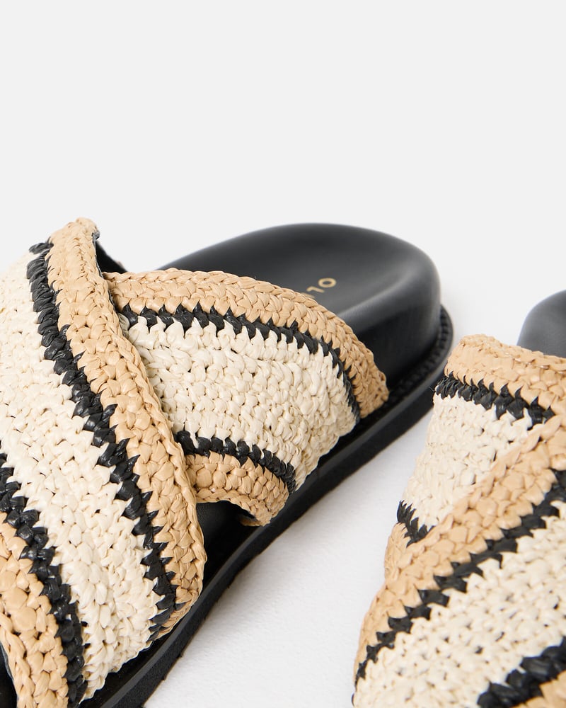 Black & Cream Raffia Crossover Chunky Sliders