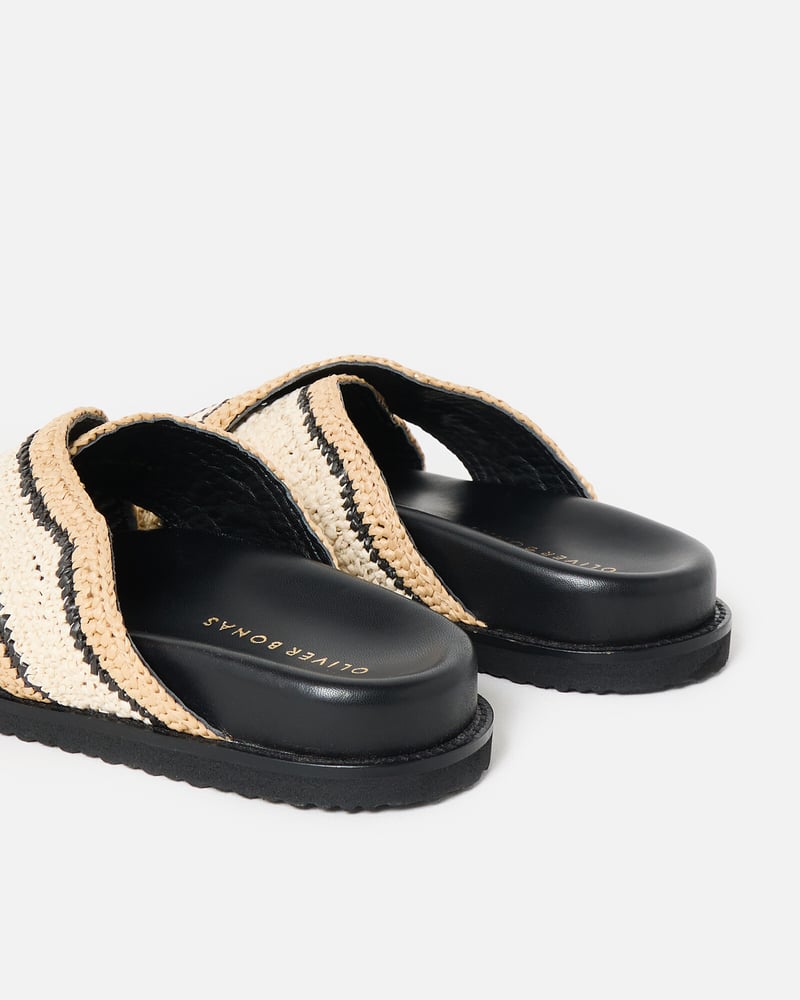 Black & Cream Raffia Crossover Chunky Sliders