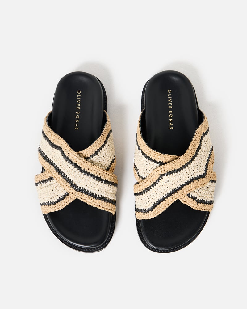 Black & Cream Raffia Crossover Chunky Sliders