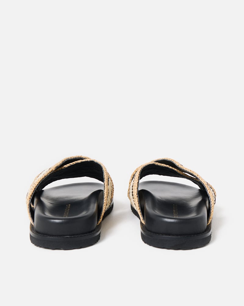 Black & Cream Raffia Crossover Chunky Sliders